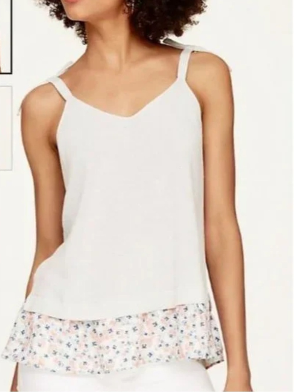LOFT White Camisole with Pink Floral Knit Spaghetti Straps Ruffle Hem